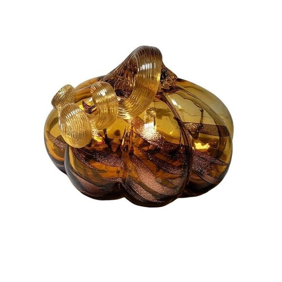 Hand Blown Art Glass Gourd Pumpkin Amber Curly Stem Gold Streaks Halloween Fall - Picture 3 of 7